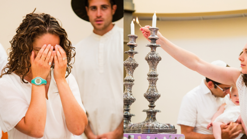 On the left a woman in white praying with her eyes over her face and a man in a white shirt and black hat in the background, on the right a young woman in white lighting shabbat candles with a man in white holding a baby in white