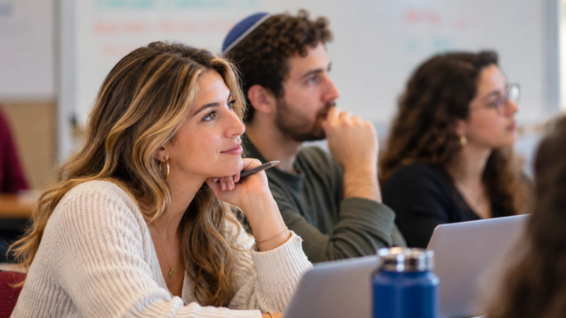 Three potential rabbinical students with their laptops concentrate on someone or something outside the range of the photo