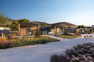A mockup of a several outdoor buildings along a road for a future Camp Alonim campus.