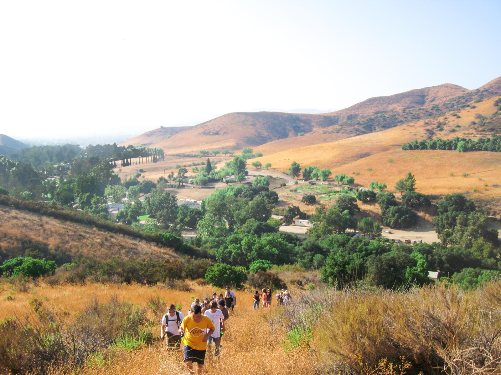 Group of campers hiking up a grassy hill