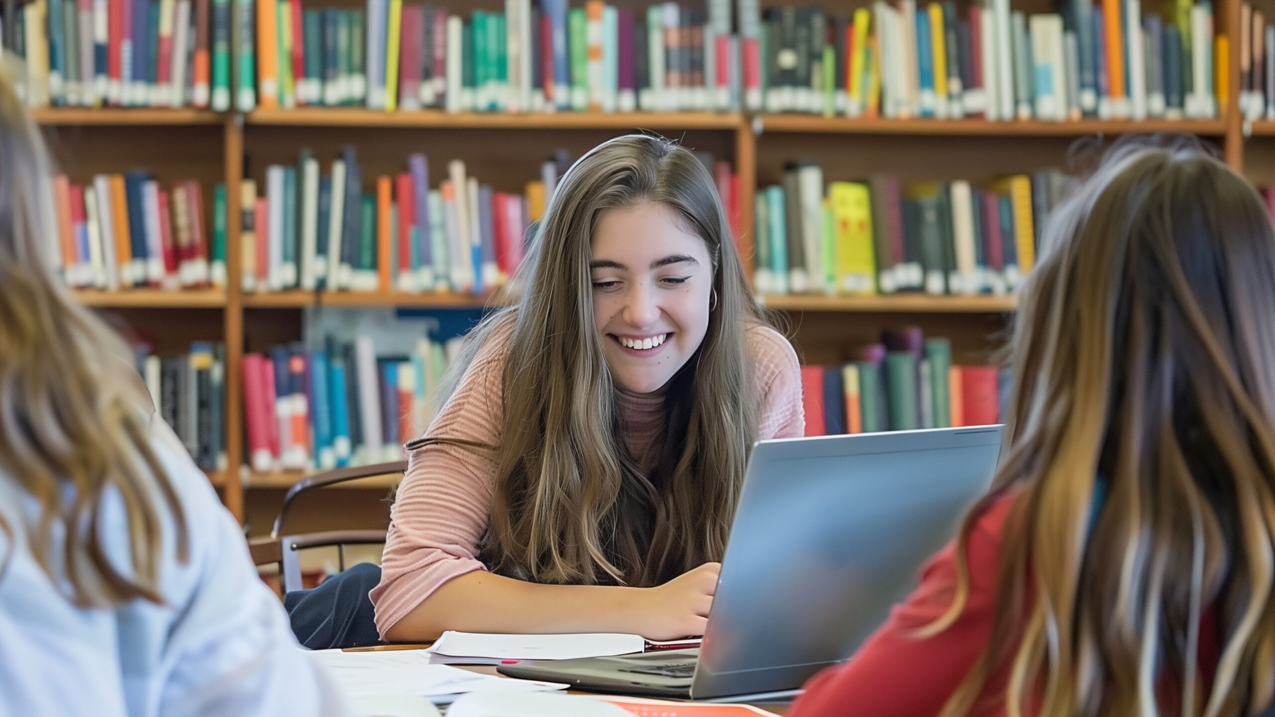 Teens working together in a library