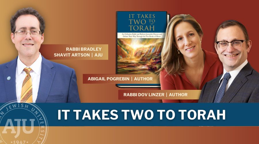 It_Takes_Two_to_torah_Graphic_with headshots of Abigail Pogrebin and David Linzer alongside the book jacket