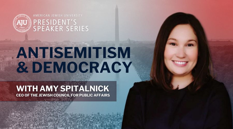 Graphics for Antisemitism and Democracy with AmySpitalnick with background of National Mall