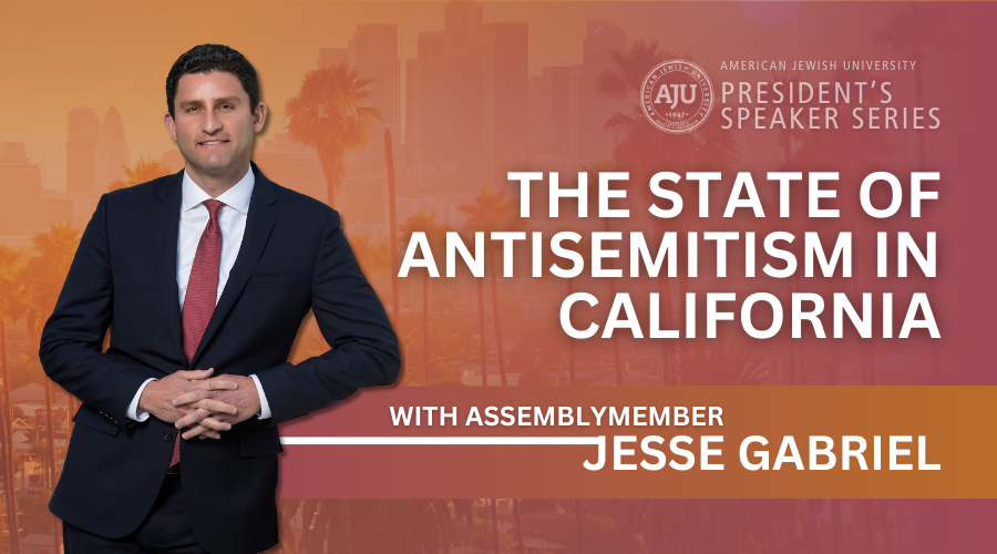 Graphic for The State of Antisemitism with pink and orange background and Los Angeles city skyline with headshot of Jesse Gabriel