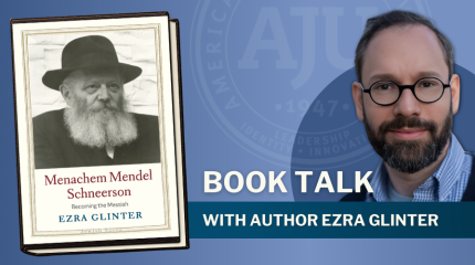 Menachem Mendel Schneerson Becoming the Messia graphic with book cover and headshot of ezra glinter