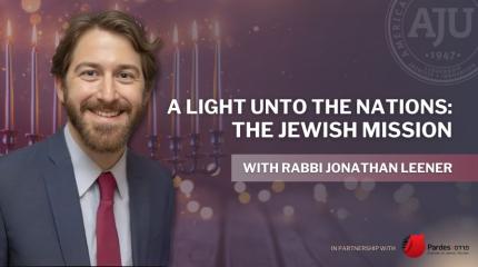 Graphic for A Light Unto Nations with a purple background, hannukiah, and headshot of Rabb Leener