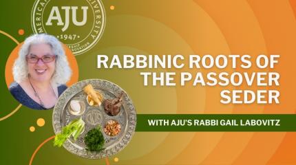 Rabbinic Roots of the Passover Seder with seder plate and headshot of Rabbi Gail Labovitz