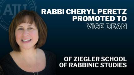 Headshot of Rabbi Peretz Alongside Text Announcing Her Promotion